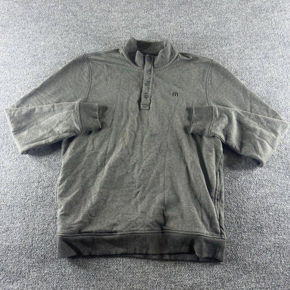 Travis Mathew Sweatshirt Mens L Gray Fleece Henley Mock Neck Pullover Logo